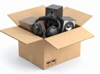 イヤホンやスピーカーが段ボール箱に入っている様子