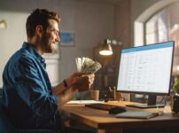 パソコンの前でお金を数える人
