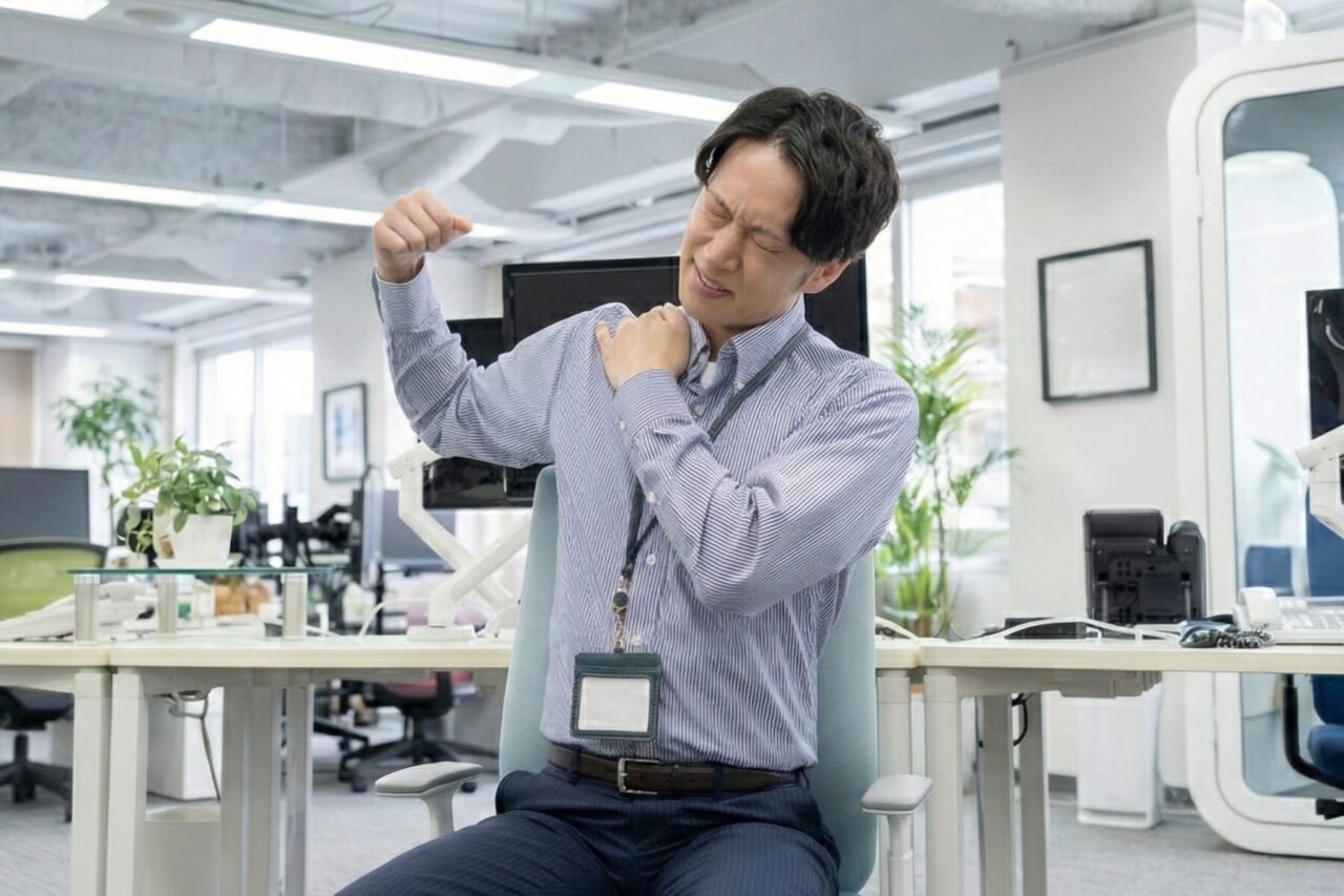 デスクワークで肩こりに悩む男性