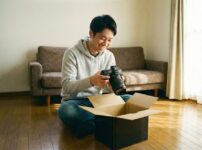 段ボールからカメラを出して喜んでいる人
