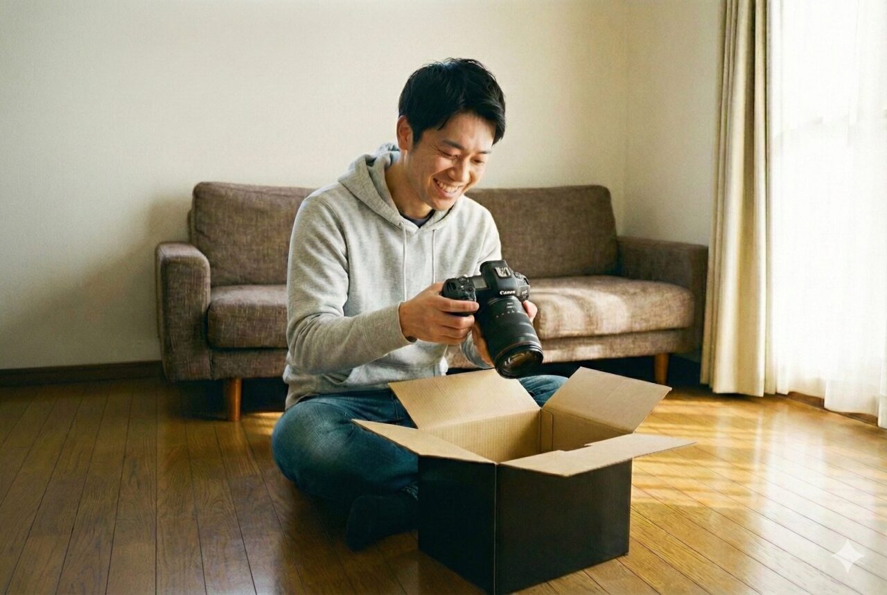 段ボールからカメラを出して喜んでいる人