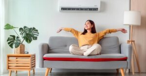 部屋で家電や家具に囲まれて喜んでいる人